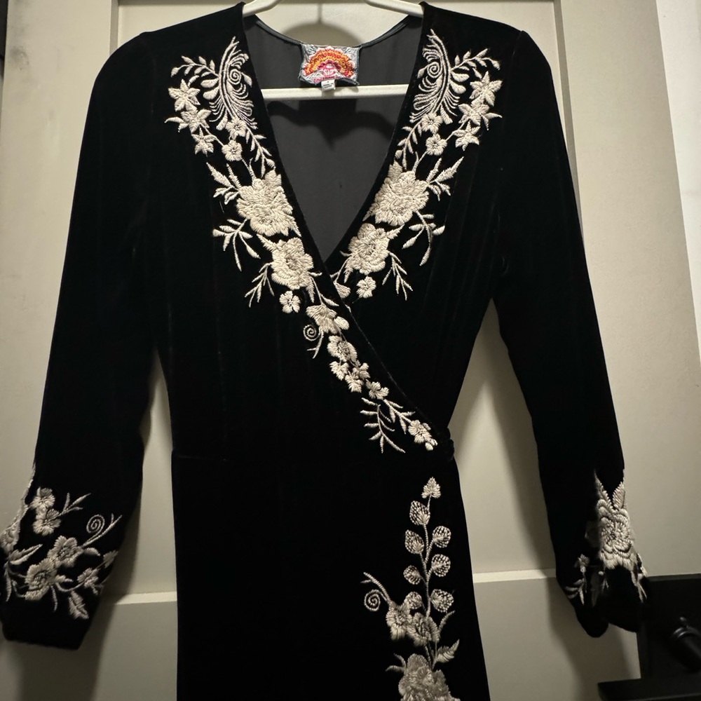Johnny Was embroidered black velvet long-sleeve wrap dress NWOT